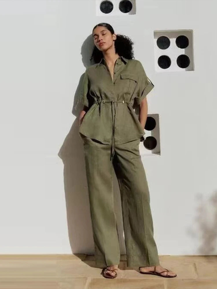 Women's High Waist Lace Up Long Pants Suit Set