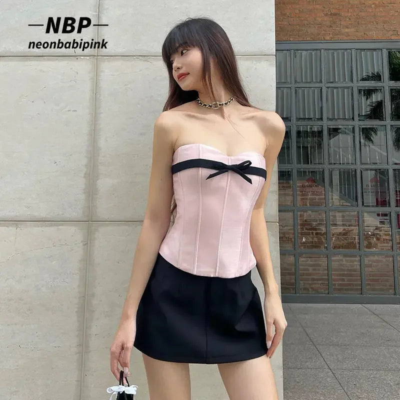 Pink Japanese Corset Tank Top Sexy Bandage Backless Tube Top