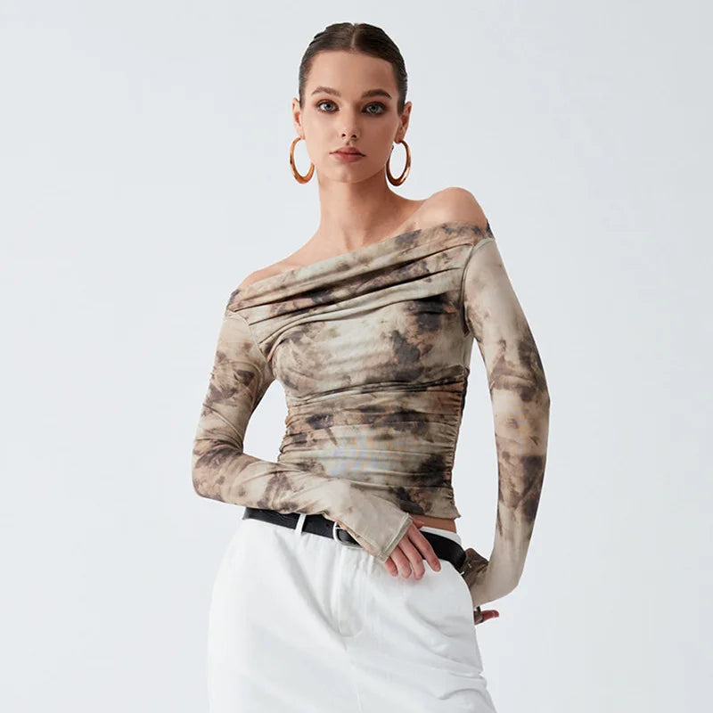 Vintage Mesh Sheer Crop Top Off Shoulder Long Sleeve T - Image 5
