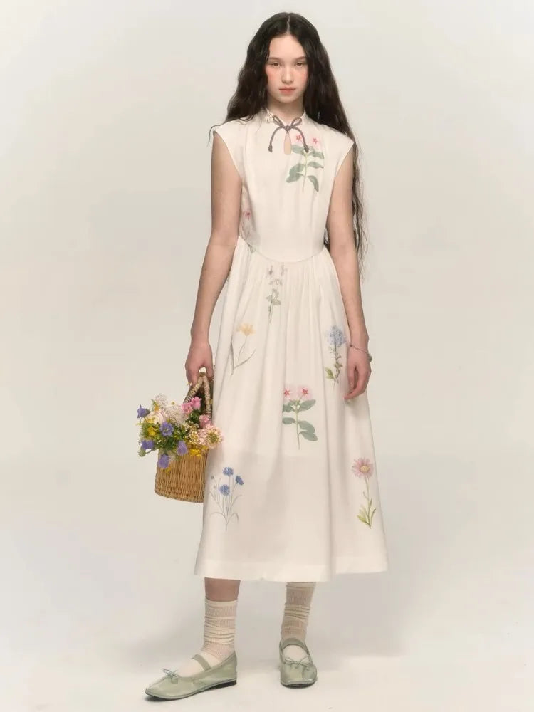 Elegant Chinese Floral Qipao Skirt, Sleeveless Pleated Dress - Image 4