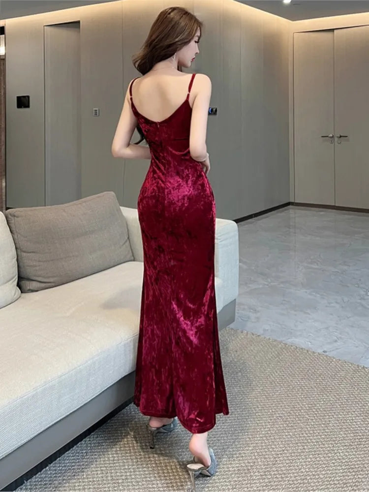 Stunning Velvet Spaghetti Strap Long Dress for Women - Formal Party - Image 5