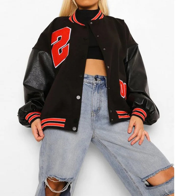 Stylish Oversized Embroidered Baseball Jacket for Women - Fall/Winter