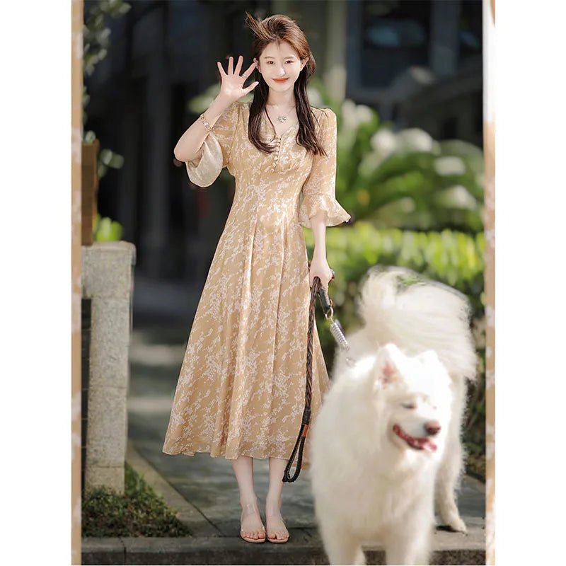 Chiffon Midi Dresses for Women Elegant Floral Party Fashion - Image 5