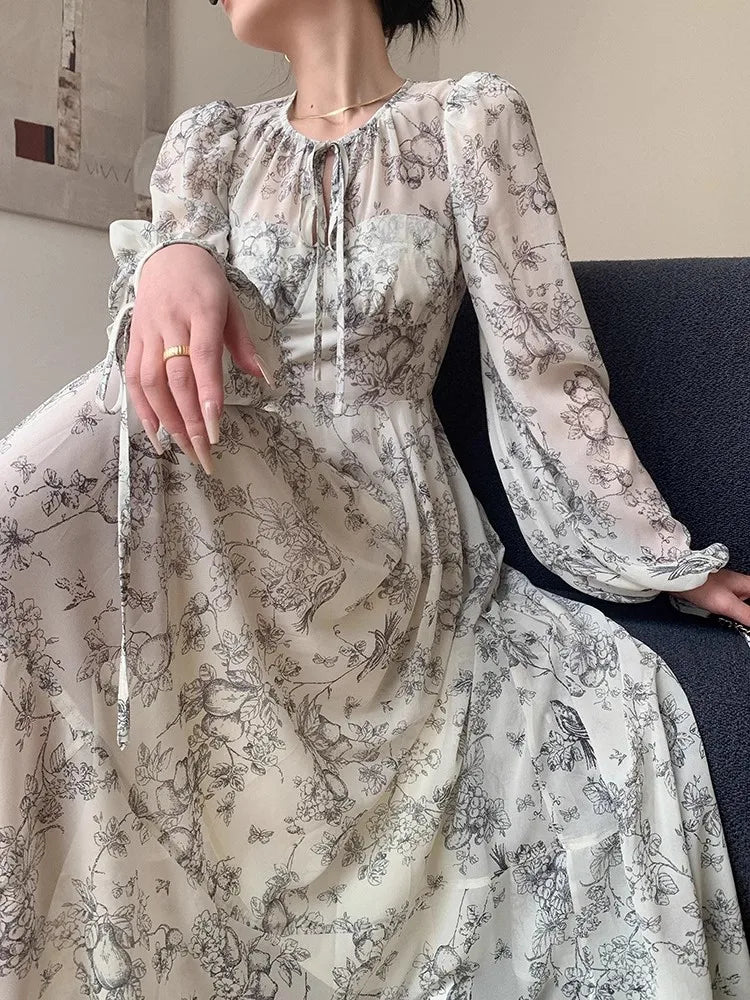Tie Dyed Chiffon Dress with Unique Retro Pattern, A-Line Dress