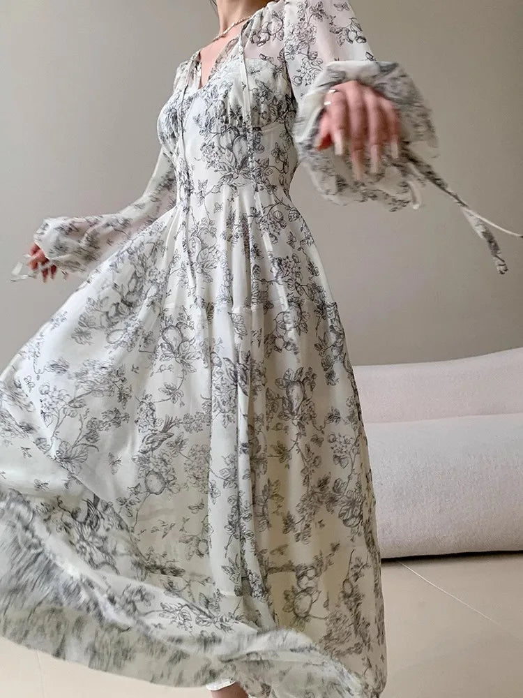 Tie Dyed Chiffon Dress with Unique Retro Pattern, A-Line Dress - Image 3