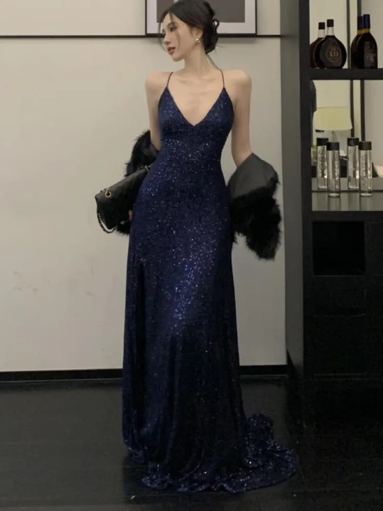 Stunning Backless Evening Party Long Dresses with Sequins and Split