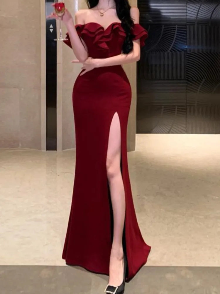 Elegant Bodycon Maxi Dress with Ruffles and High Split - Image 6
