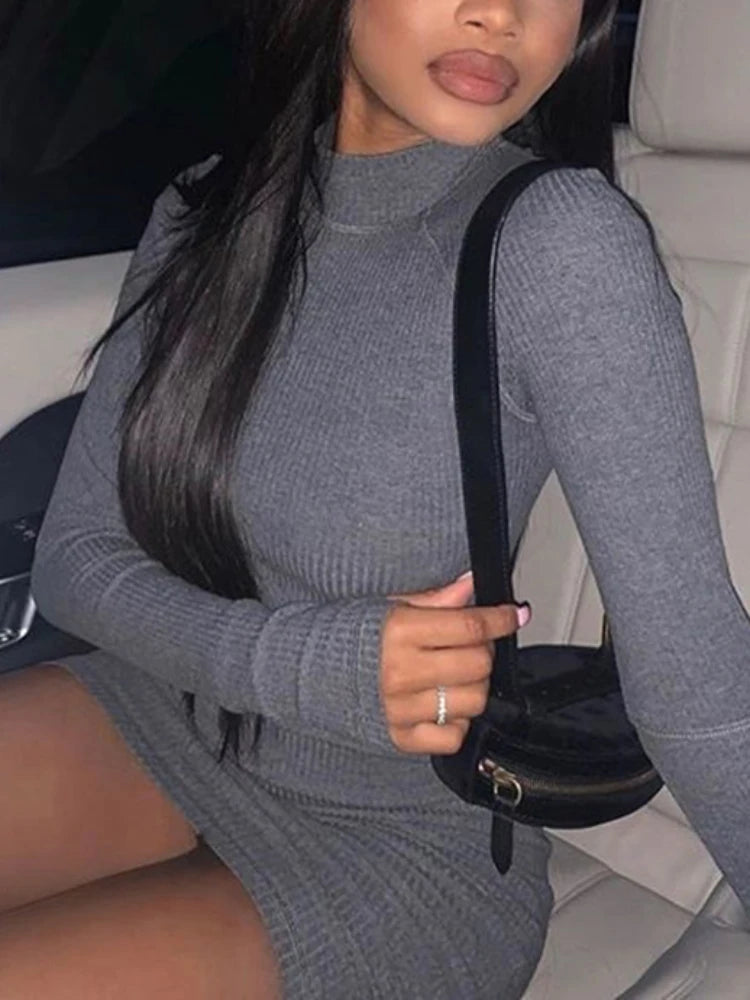 Hollow Out Long Sleeves Knitted Bodycon Dress - Solid Color
