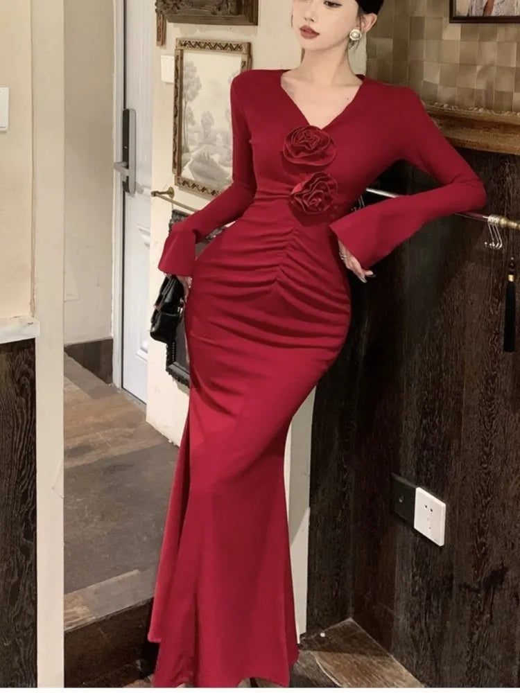 Elegant Floral Flare Sleeve V-Neck Long Dresses for Women - Image 5