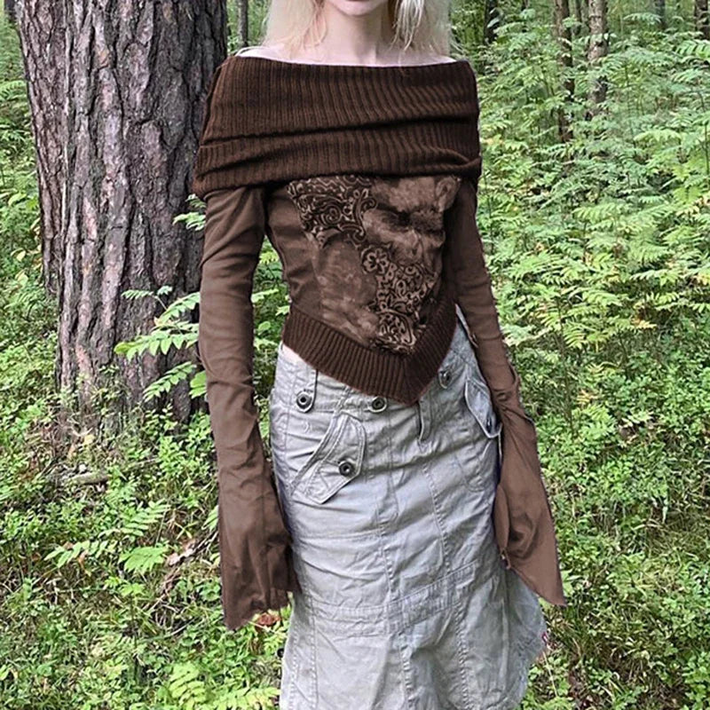 Vintage Slash Neck Grunge Print Crop Top for Autumn - Image 3