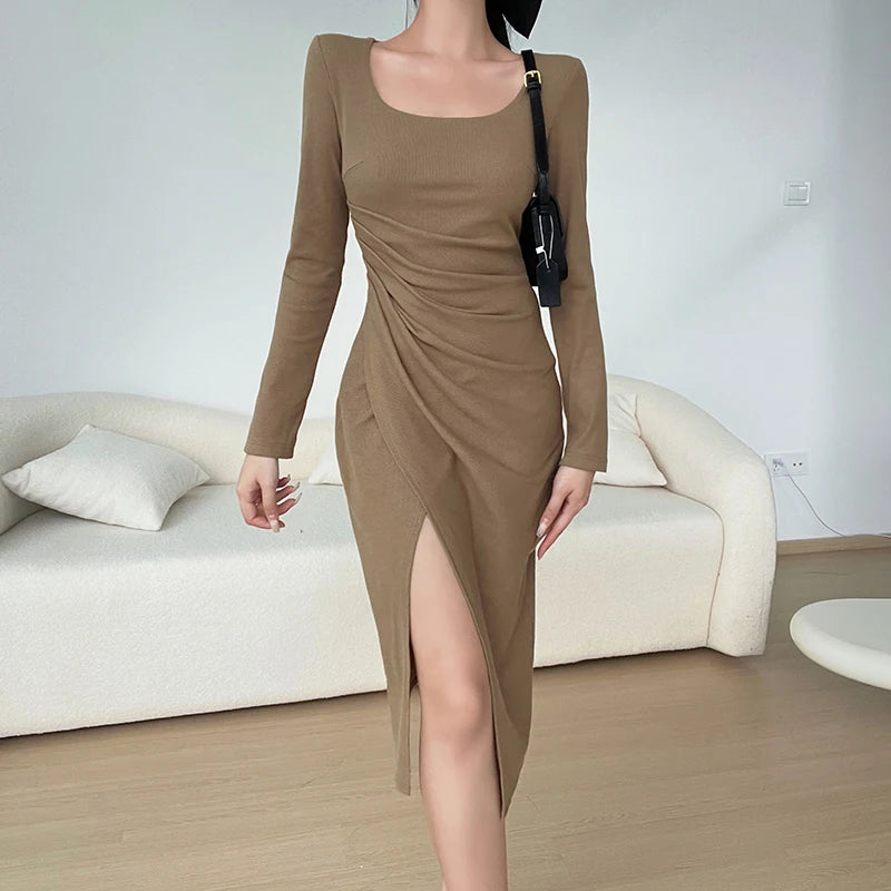 Ribbed square neck long sleeve dress for spring/summer party - Image 4