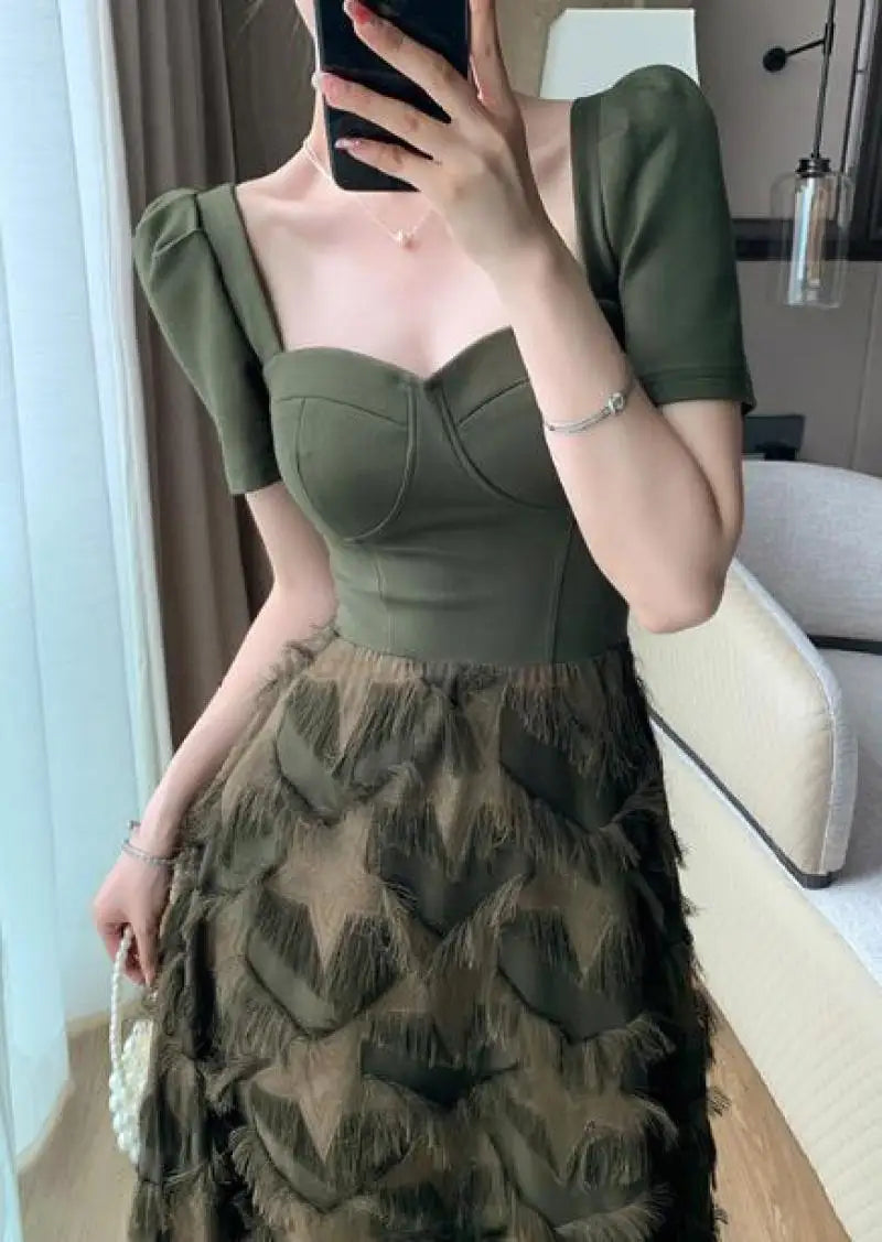 Square Collar Midi Dress Women Patchwork Short Sleeve Slim Casual - Image 4