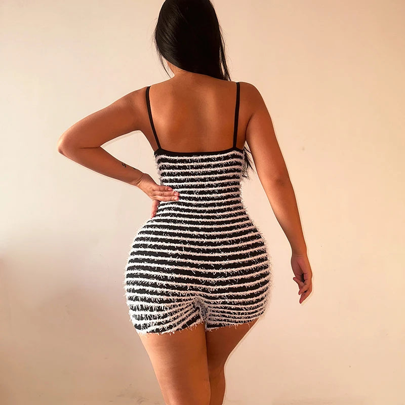 Black and White Striped Patchwork Rompers for Women - Image 3