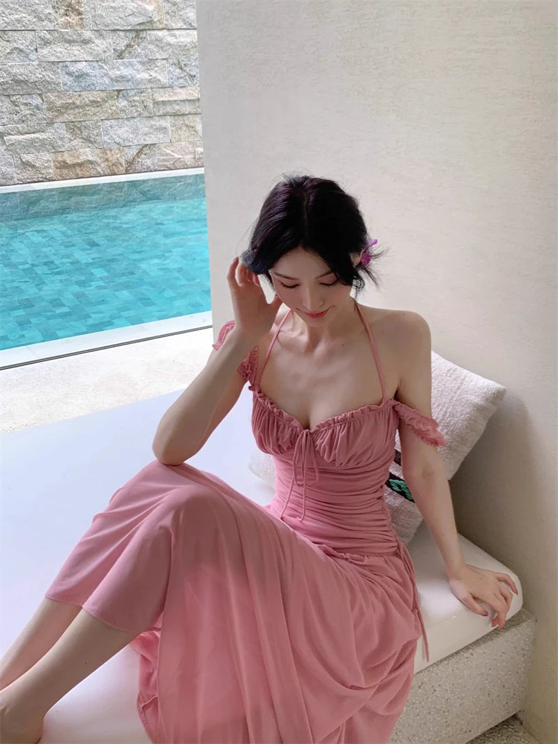 Summer Mesh Drawstring Pleats Long Dress for Women - Pink