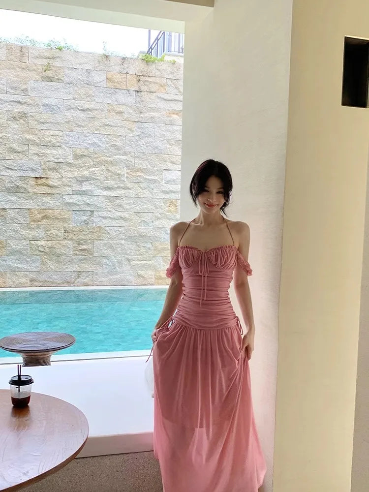 Summer Mesh Drawstring Pleats Long Dress for Women - Pink - Image 3