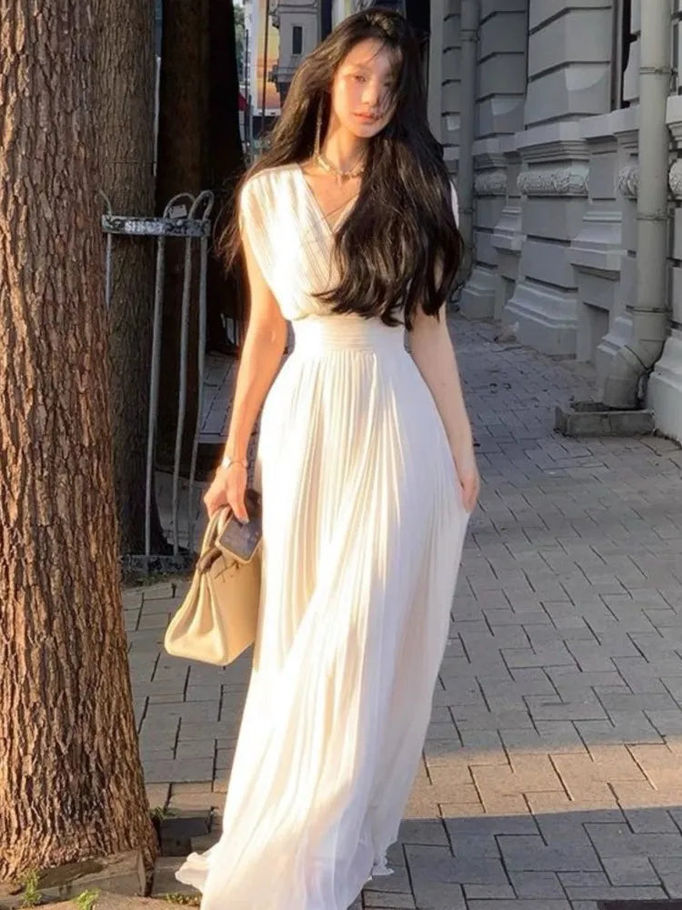 Chic Pleated V-Neck Long Dress for Women - Summer Fashion - Image 3