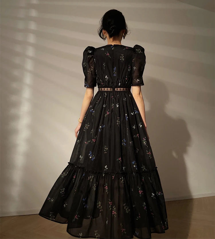 Black Floral Midi Dress Summer Elegant Chiffon Casual Female Fashion - Image 3