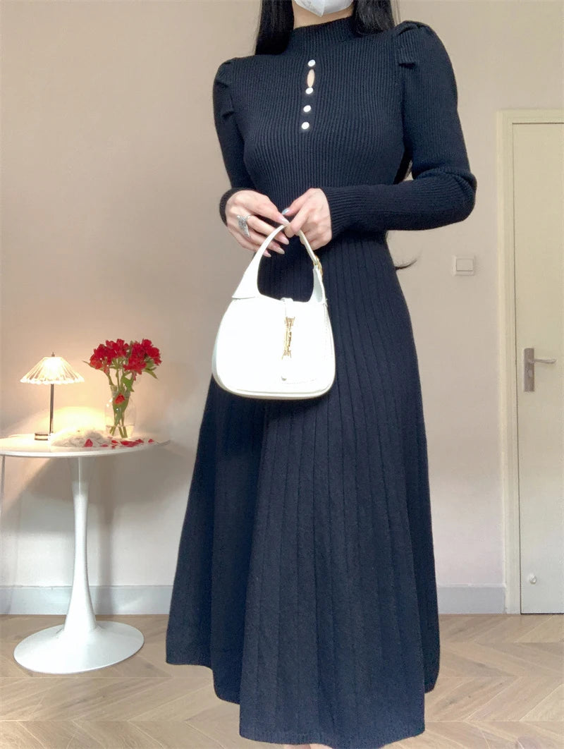 Vintage Casual Knit Midi Dresses for Women - Elegant Long Sleeve Sweater Dress - Image 3