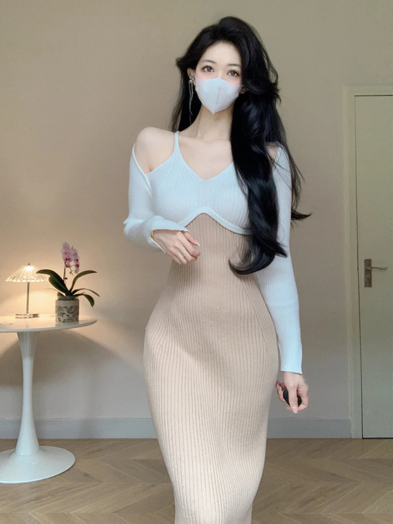 Vintage Long Sleeve Knitted Midi Dress Autumn Winter Party Bodycon - Image 4