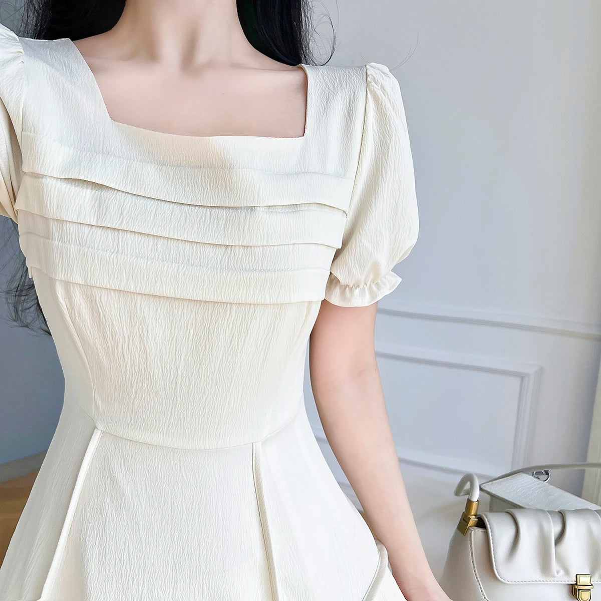 Chic French Square Neck Midi Dresses for Women - Image 3