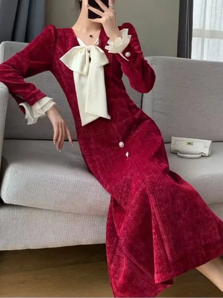 Elegant Red Midi Dress for Women's Wedding Party Outfits - Image 6