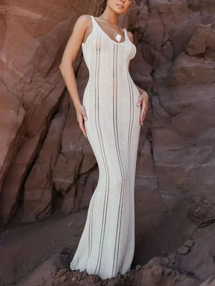 White Knitted Beach Dress Women Hollow Out Backless Maxi Summer - Image 3