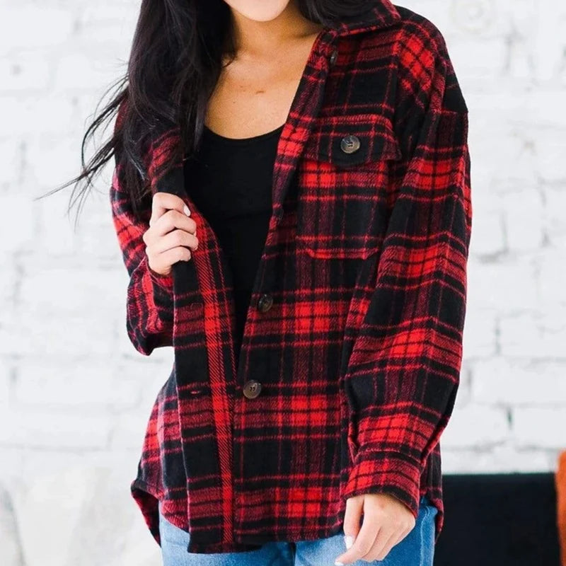 Color Block Plaid Shirt Coat with Pockets for Women - Image 6