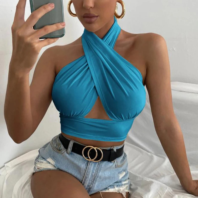 Stylish Cross Halter Neck Backless Crop Top for Women Summer - Image 6