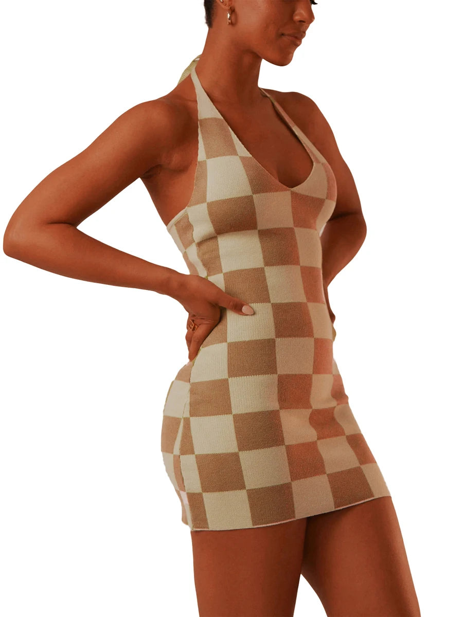 Y2K Print Knit Bodycon Dress, Halter Neck Sleeveless Mini - Image 8