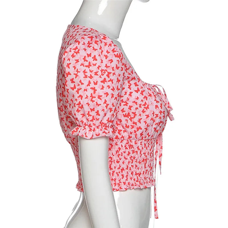 Pink blue square collar blouse with small floral print. - Image 6