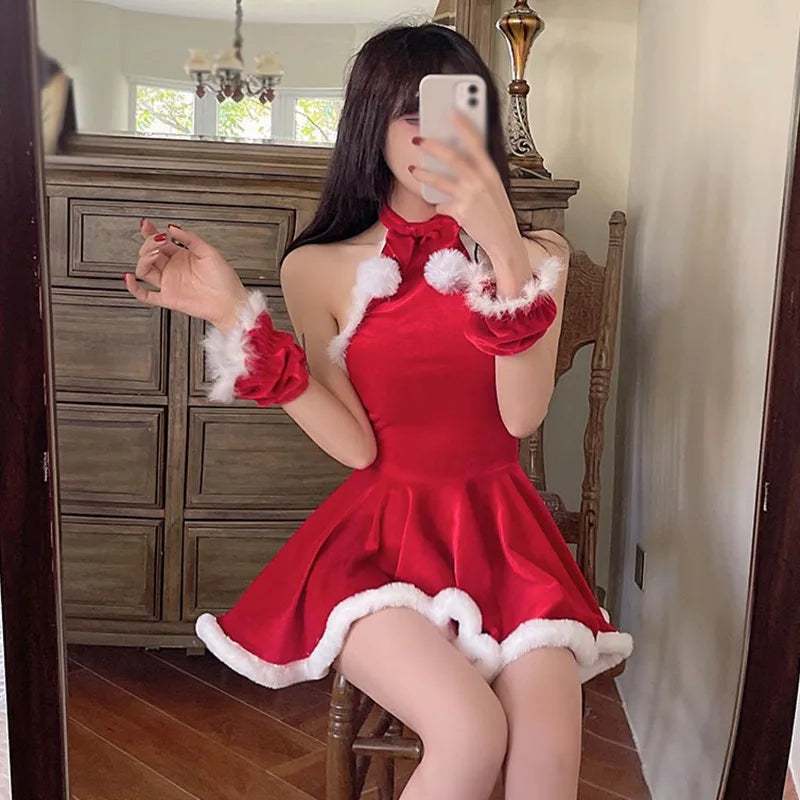 Red Lace-up Christmas Dress for Slim Sexy Xmas Uniform - Image 5