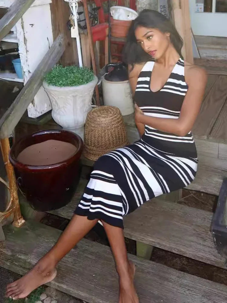 Striped Knitted Backless Halter Dress for Women Summer Beachwear - Image 4