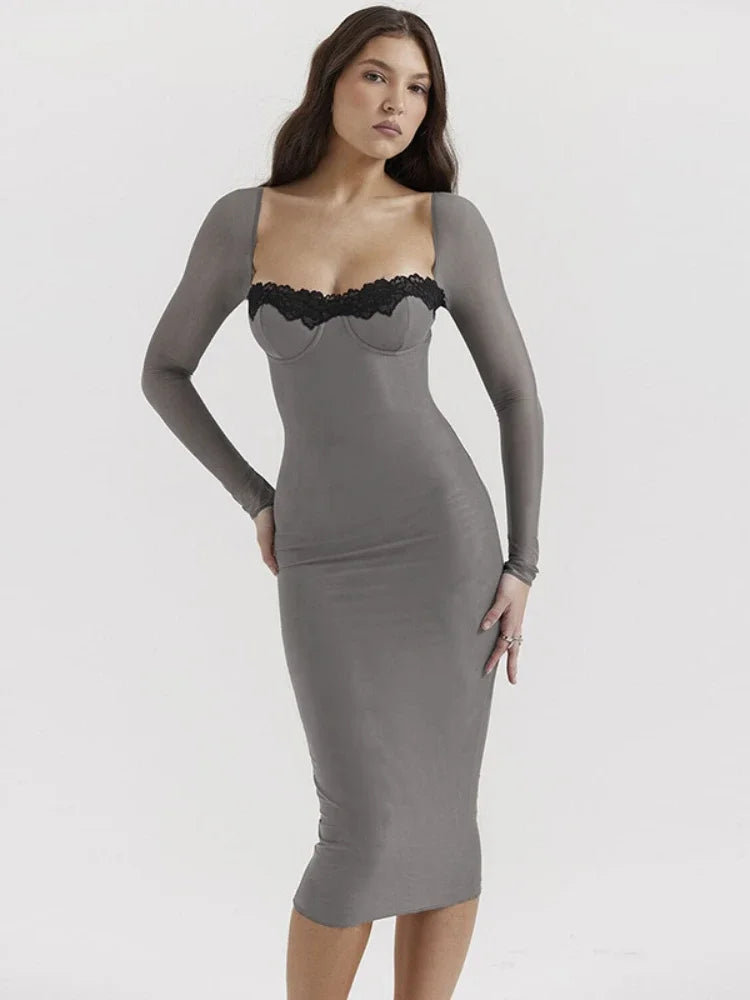 Lace Patchwork Bodycon Midi Dress Elegant Backless Party Dress - Image 3