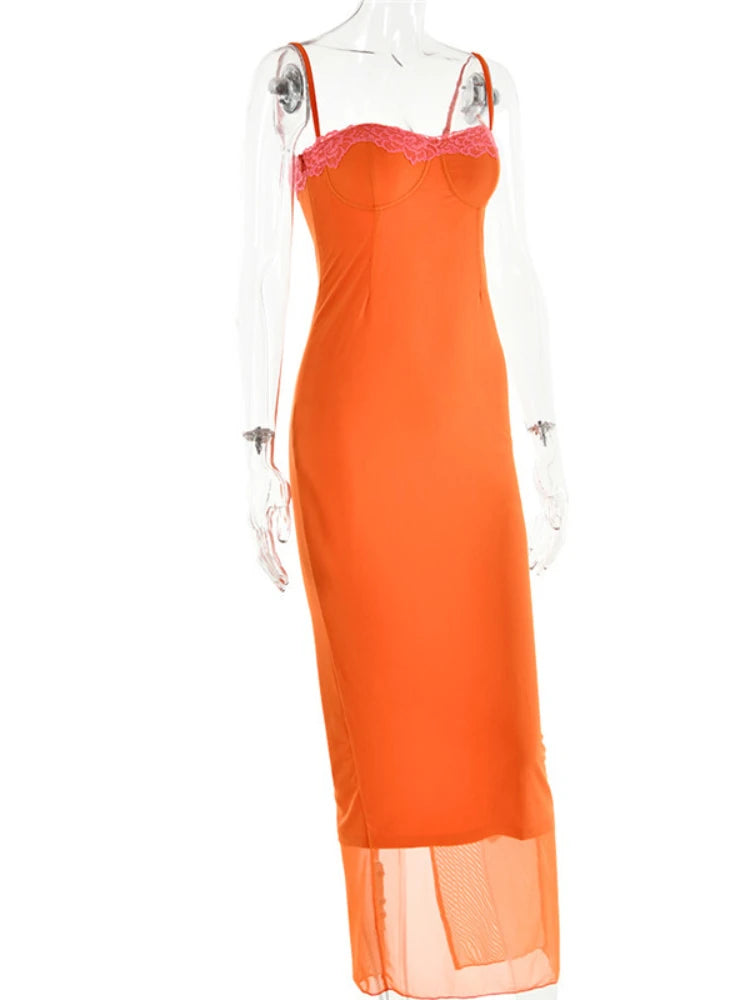 Orange Lace Bodycon Maxi Dress Spaghetti Strap Elegant Party Dress - Image 5