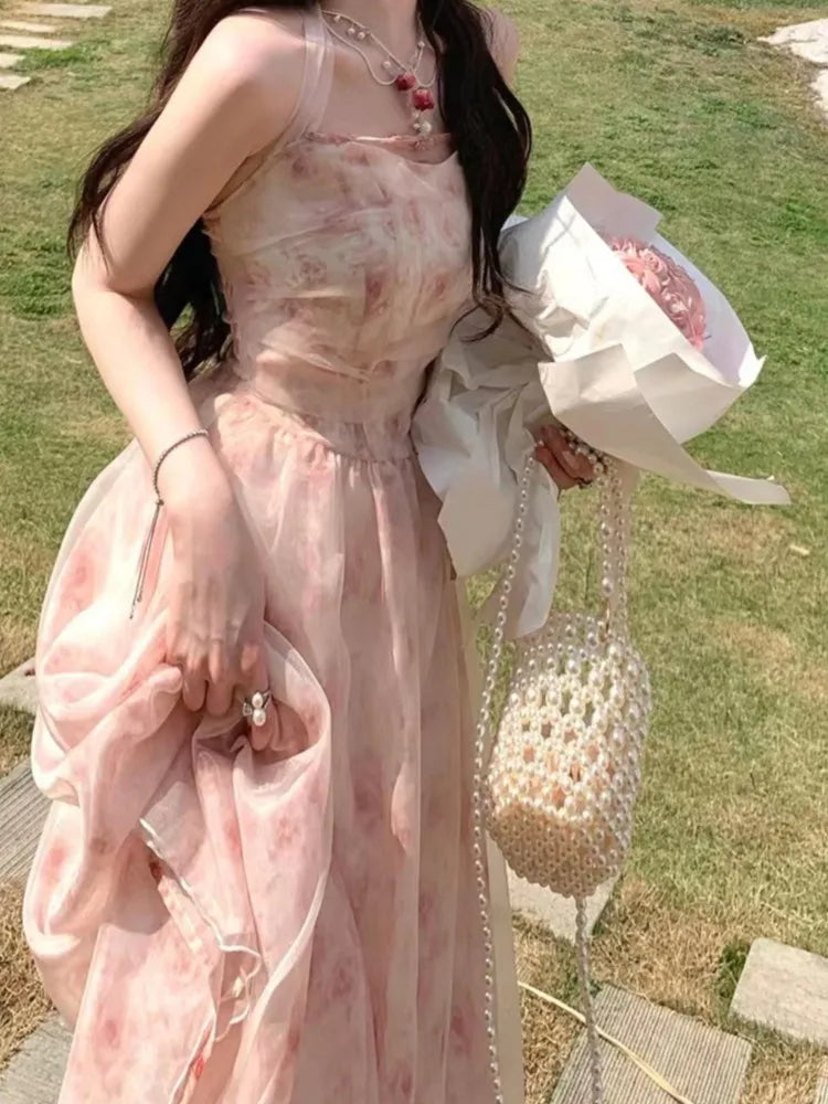 Elegant Sweet Pink Halter Dress Casual Chiffon Party Fairy Princess - Image 3