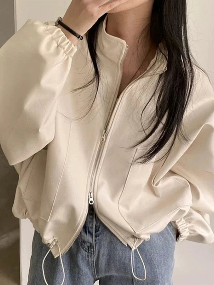 Y2k Style Leather Jacket for Women Stand Collar Moto Outwear - Image 3