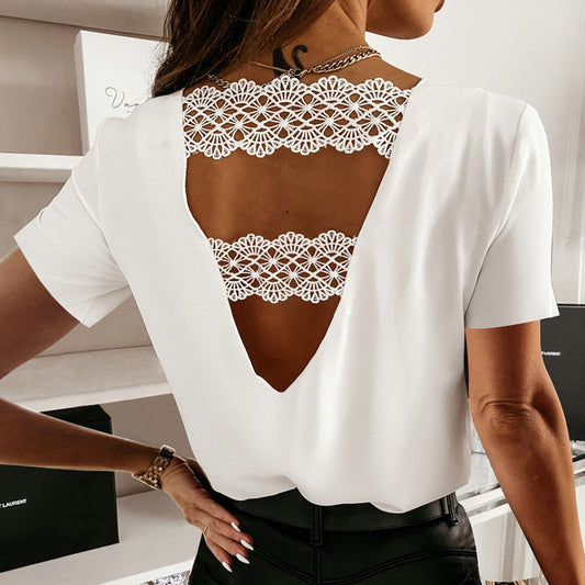 40# Women Backless Blouses Tops Lace Hollow Out Short Sleeve Sexy Casual Cut Out Lace At The Back Blouse Tops Elegent Shirts Топ