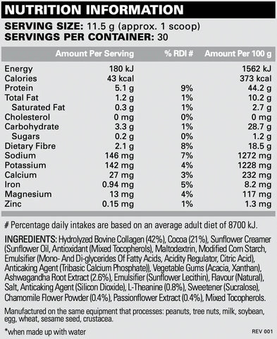 EHP Labs OxySleep Hot Cocoa Nutritional Info