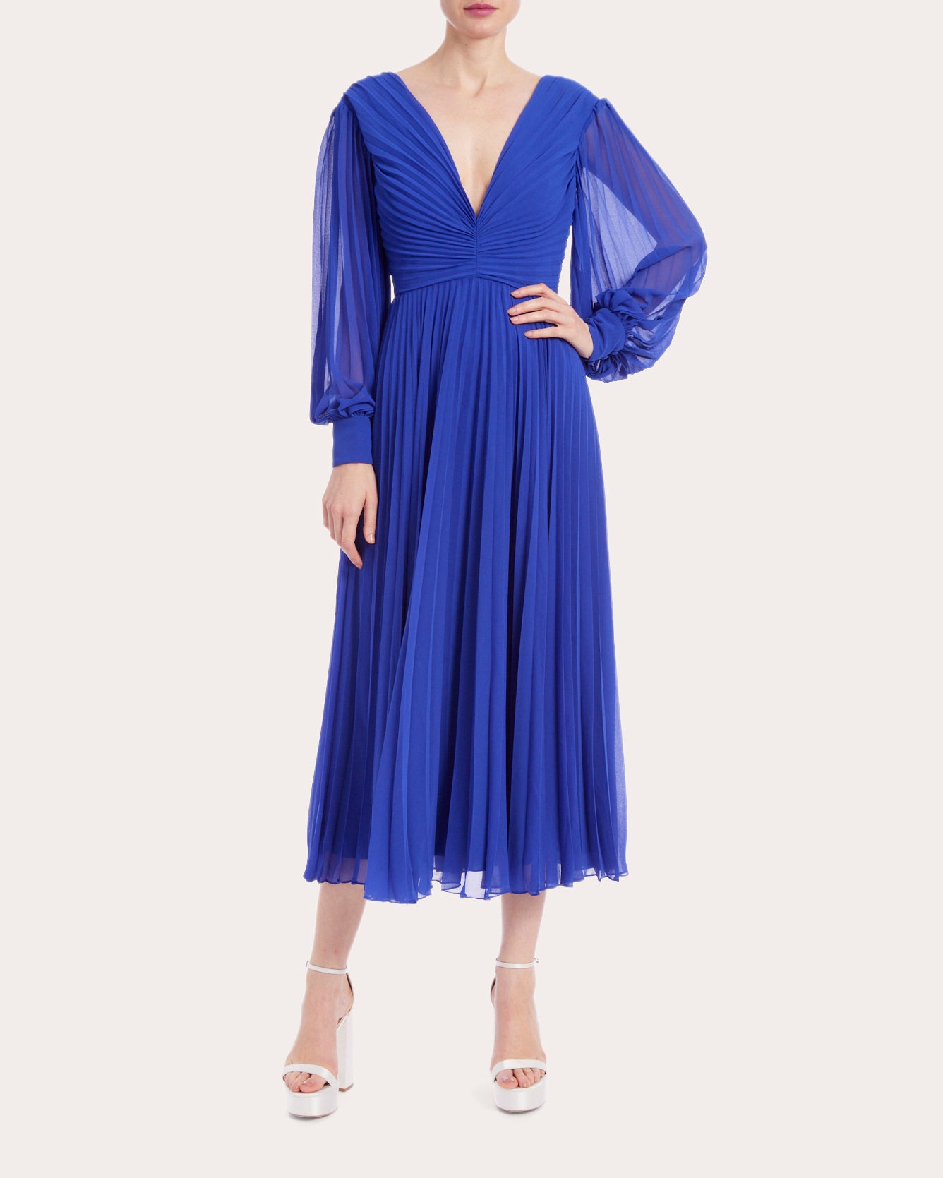 Shop Badgley Mischka Women's Pleated V-neck Midi Dress In Blue