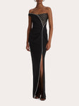 Tall Tall Asymmetric Crystal Slit Gathered Off the Shoulder Dress by Safiyaa