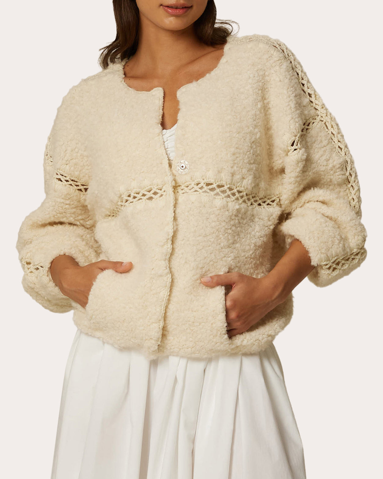 Shop Santicler Women's Irina Furry Knit Crochet Cardigan Jacket In White