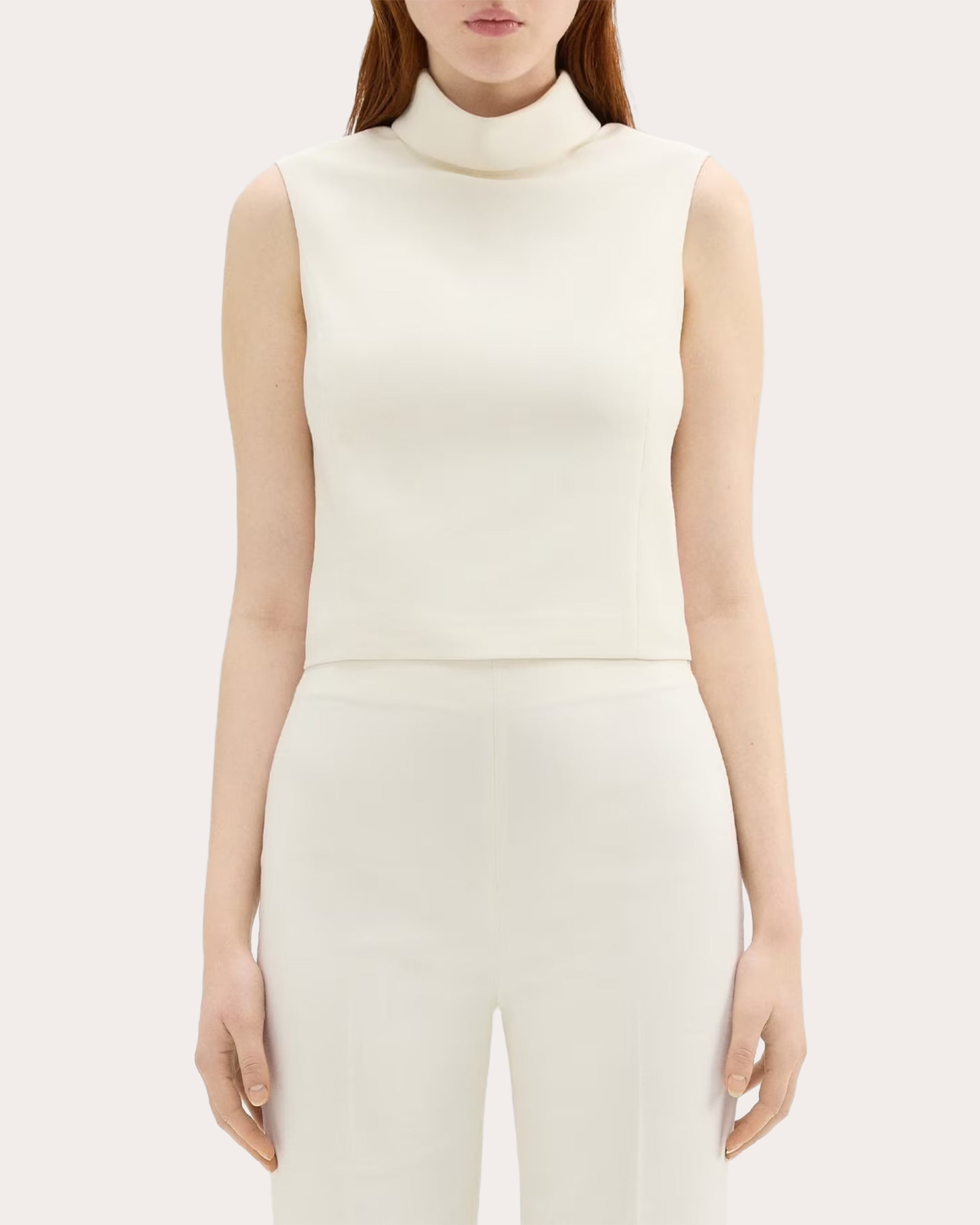 Theory Cropped Roll Neck Top In Double Weave In Ivory