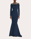 Off the Shoulder Crystal Fitted Draped Mermaid Dress by Safiyaa