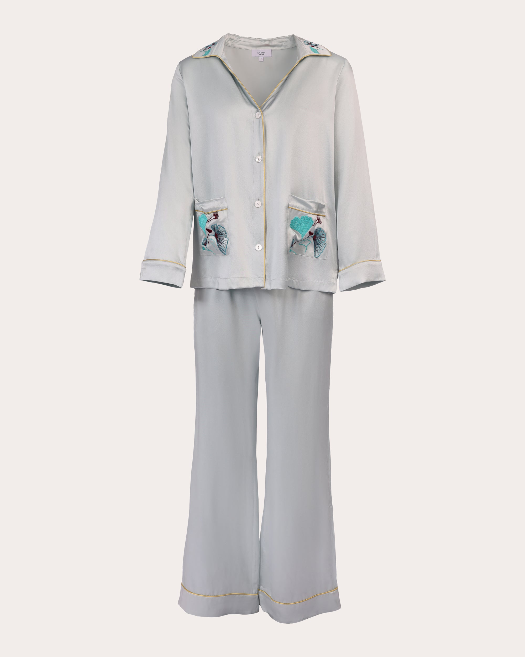 Karma On The Rocks Women's Tokyo Embroidered Silk Satin Pajama Set In Grey
