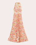 Halter Floral Print Polyester Sleeveless Belted Dress by Bytimo