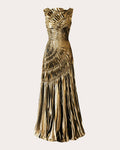 Tall High-Neck Ankle Length Animal Print Shirred Pleated Metallic Dress by Georgia Hardinge