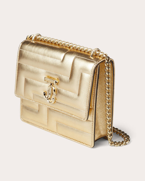 Jimmy Choo Varenne Metallic Patent Wallet with Chain Strap Gold