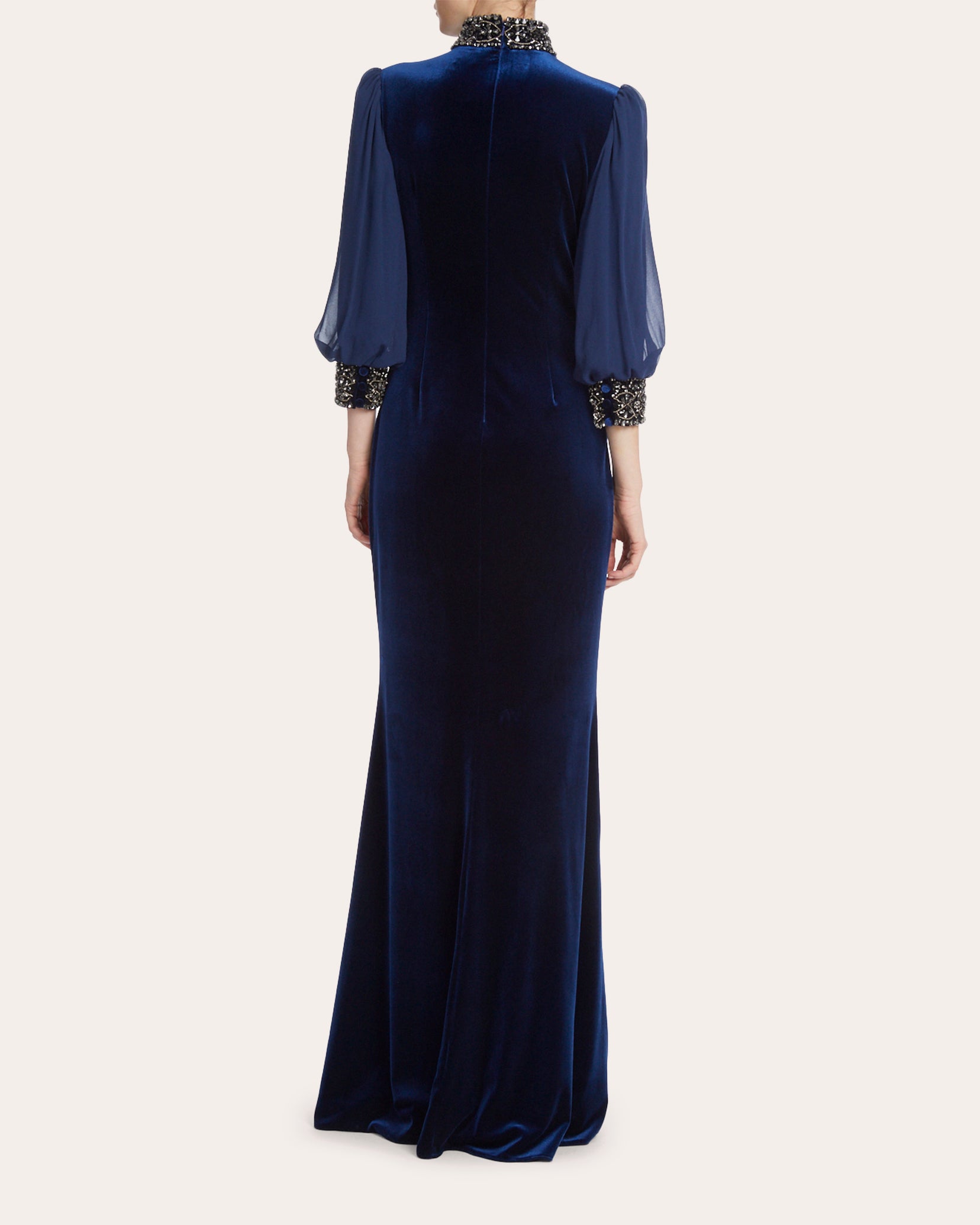 Badgley Mischka Velvet Embellished-Cuff Gown | Olivela