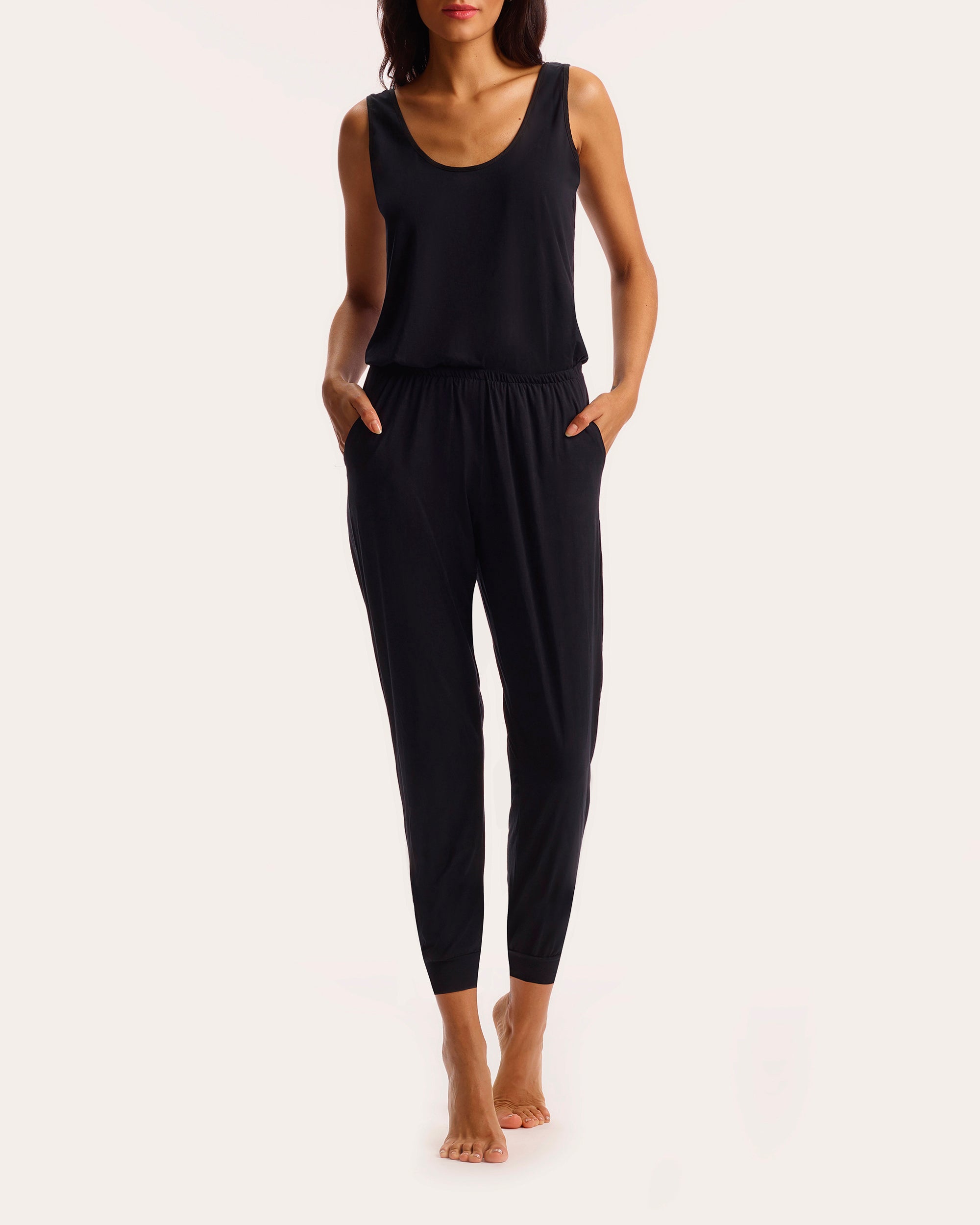 Easy as Can Be Black Sleeveless Drawstring Lounge Jumpsuit