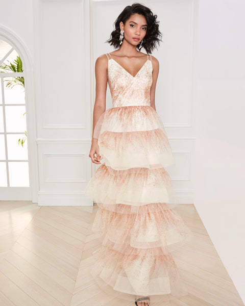 Marchesa Notte Glitter-Tulle Tiered Gown | Olivela